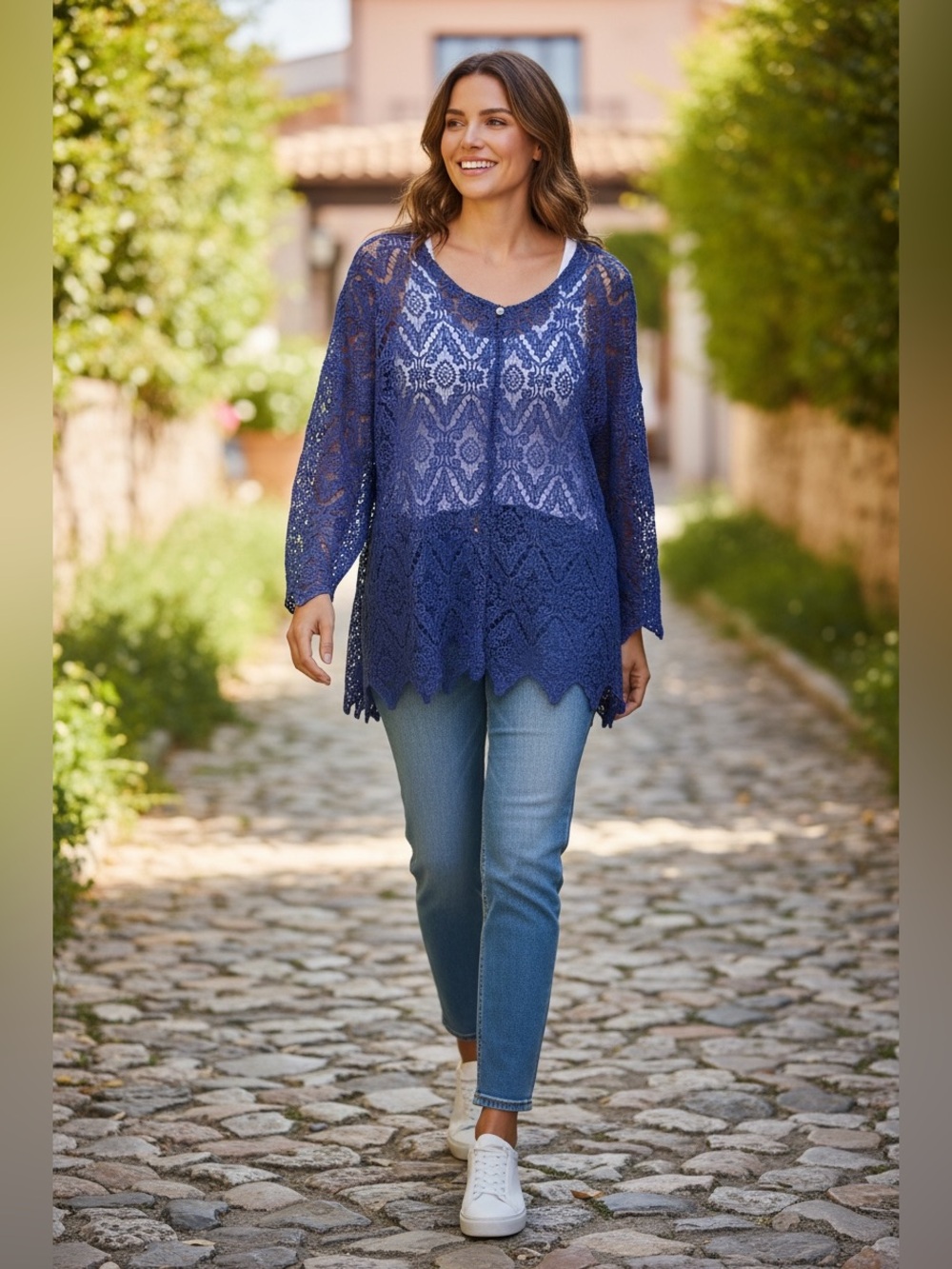 Susan Graver Navy Blue Crochet Lace Tunic Top